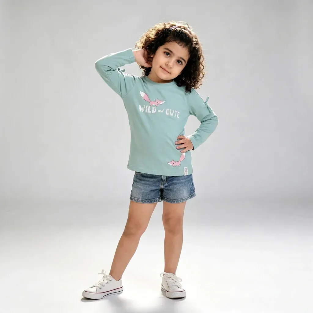 Girls' mint long-sleeve cute fox graphic t-shirt