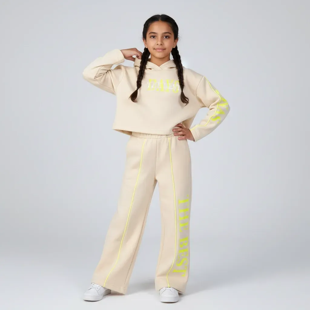 Girls' Two-Piece Winter Outfit Crop Hoodie And Wide-Leg Pants