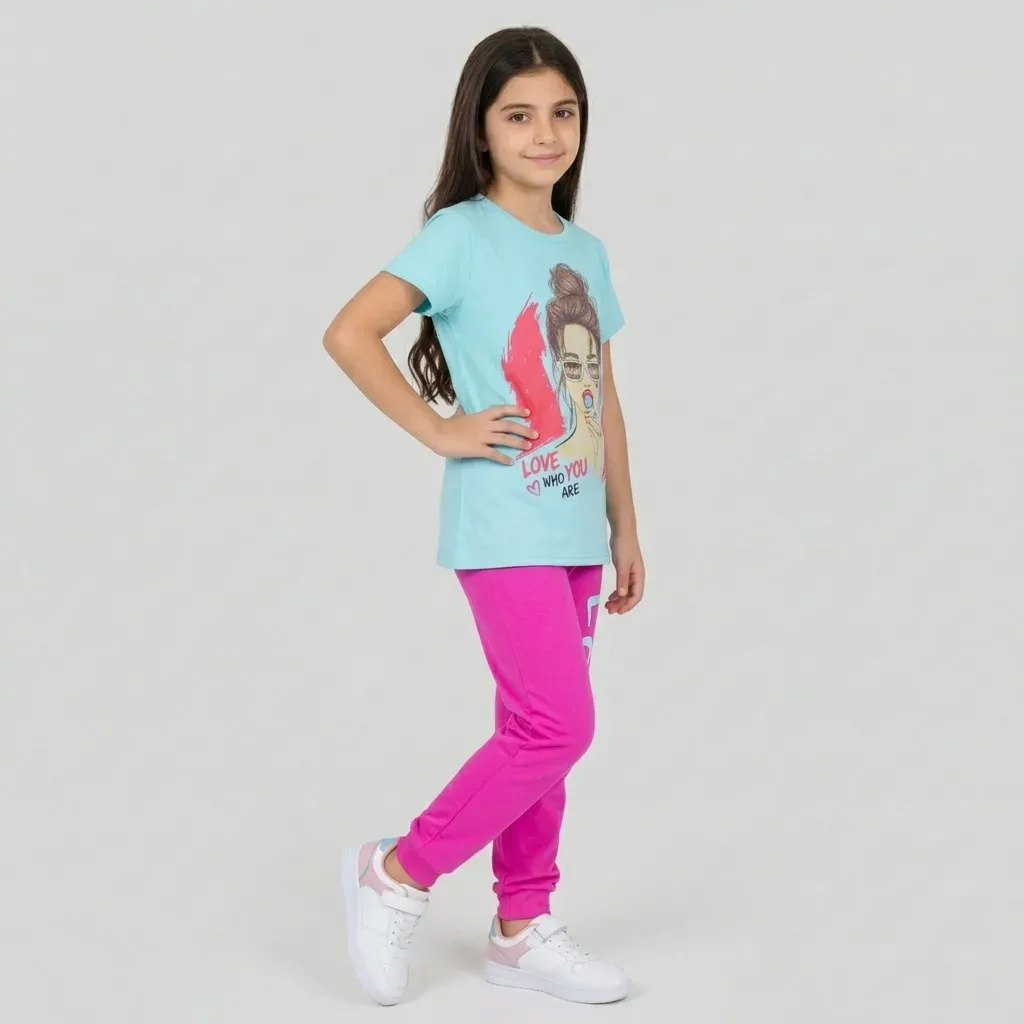 Summer Girls cotton pajama  t shirt baby blue pants pink