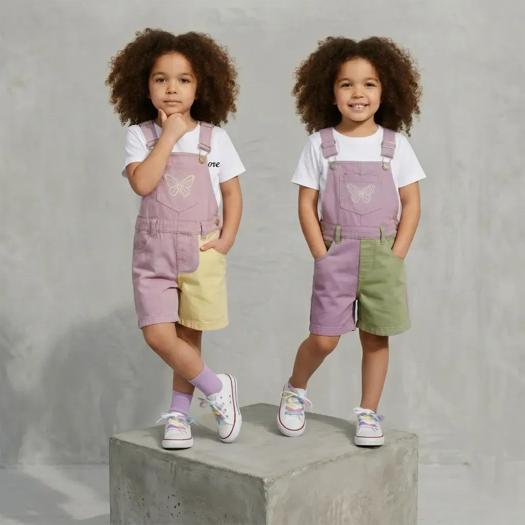 Girls’ Two-Piece Set Purple short jeans Overall & Cotton White T-Shirt