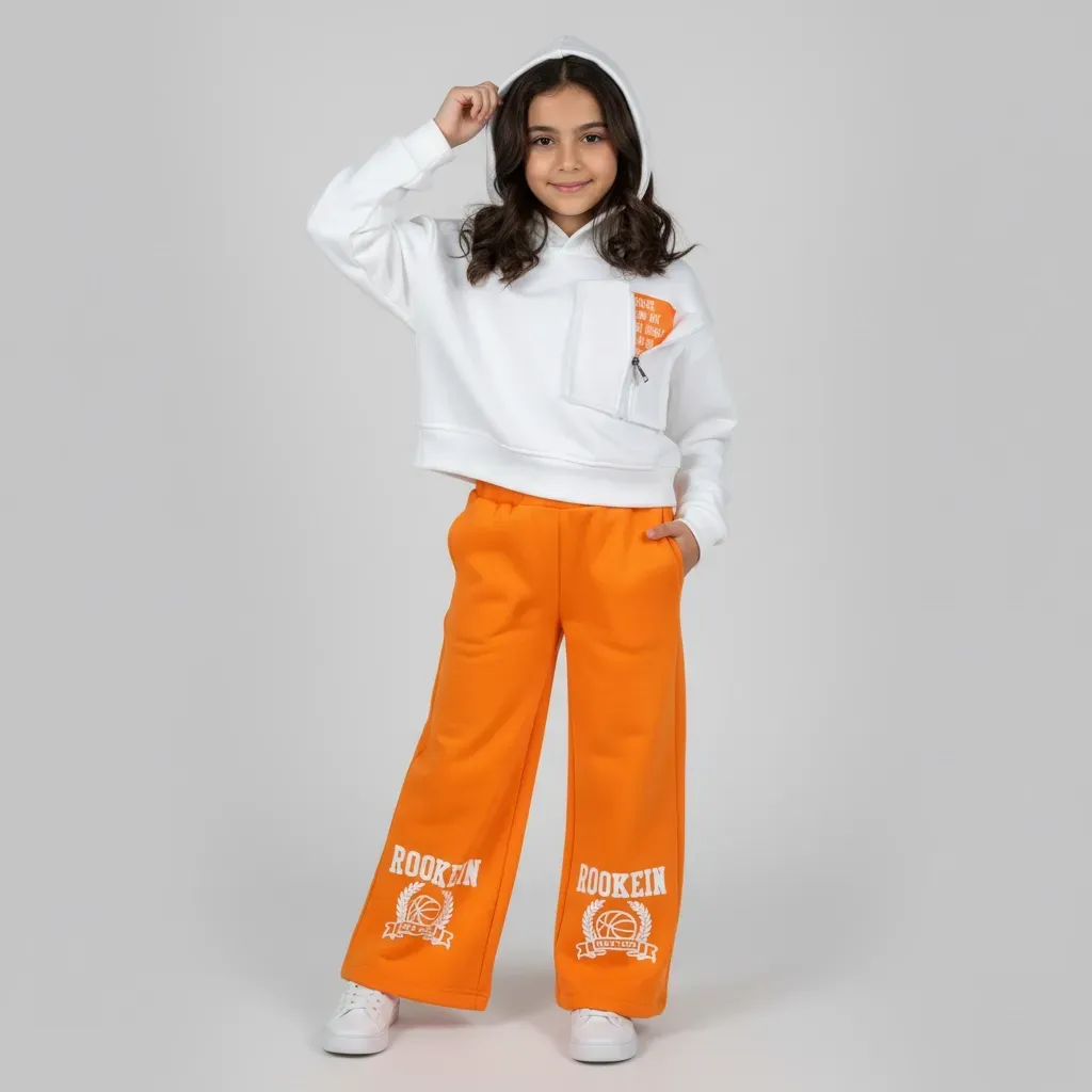 Girls' Winter Casual Set  White Front-Pocket Hoodie & WideLeg Pants