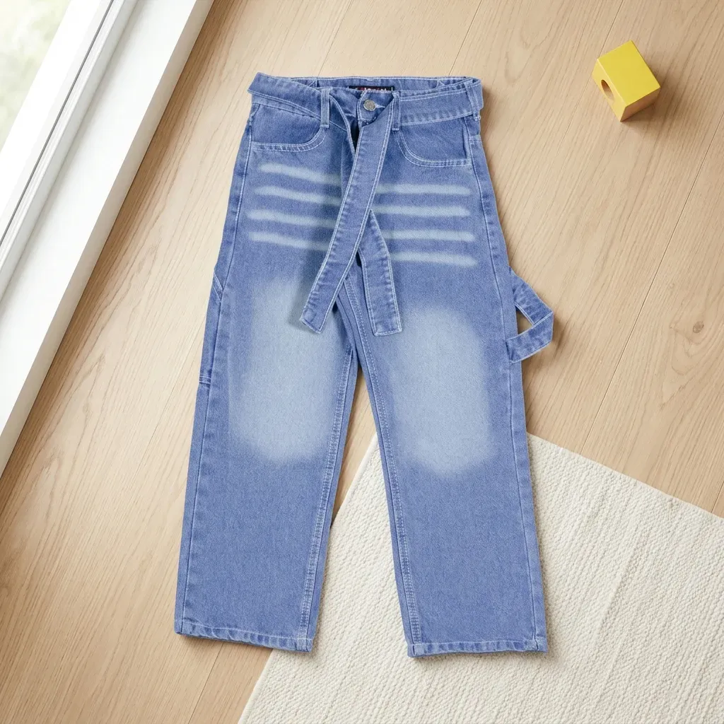 Tween Girls Blue Wide-Leg Denim Jeans with Waist Belt