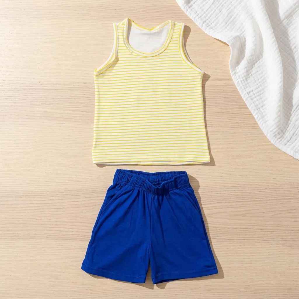 Kids summer cotton pajama set Yellow & White sleeveless with shorts (boy & girl)