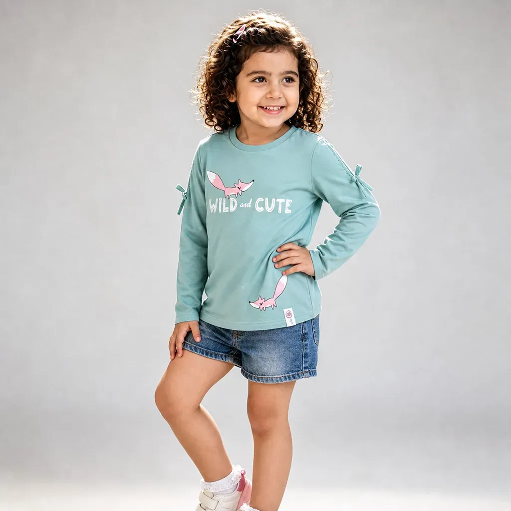 Girls' mint long-sleeve cute fox graphic t-shirt