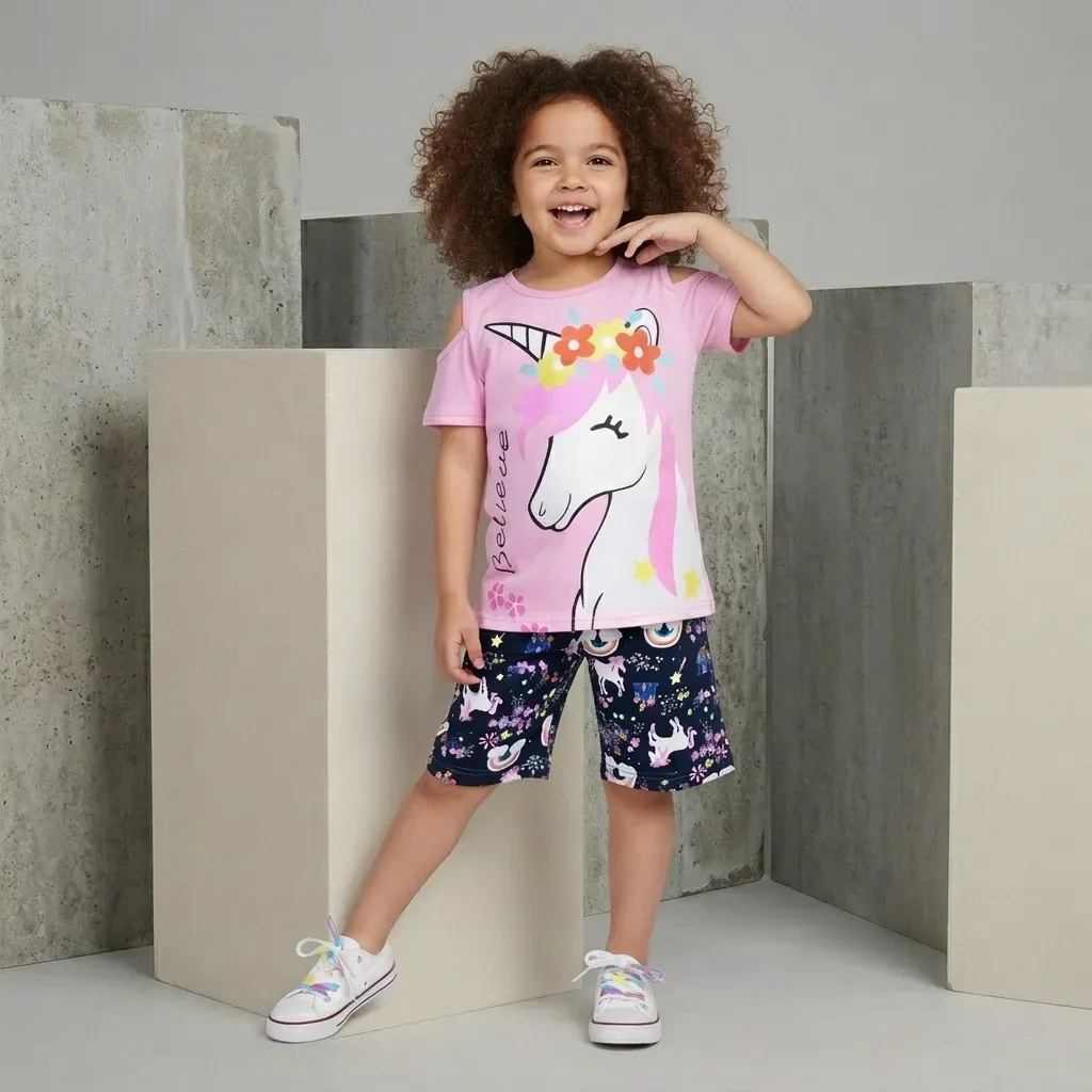Girls Unicorn cotton summer pajama set – Pink & Mint Green