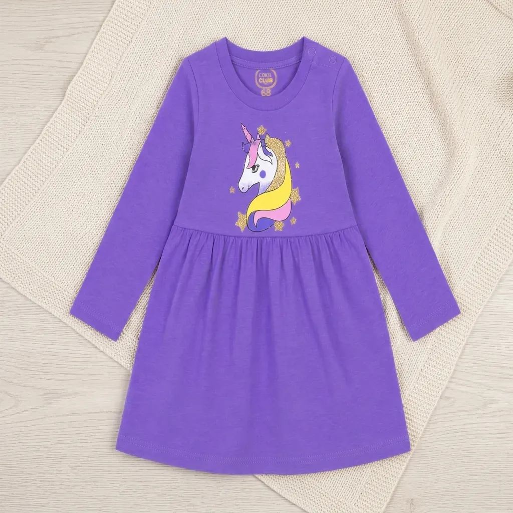 Toddler Girls' Purple Unicorn Long Sleeve Dress - Imported