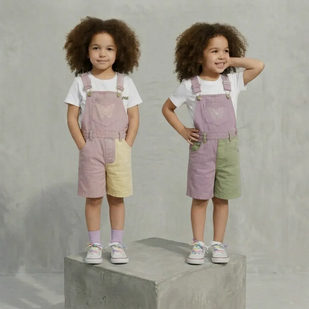 Girls’ Two-Piece Set Purple short jeans Overall & Cotton White T-Shirt