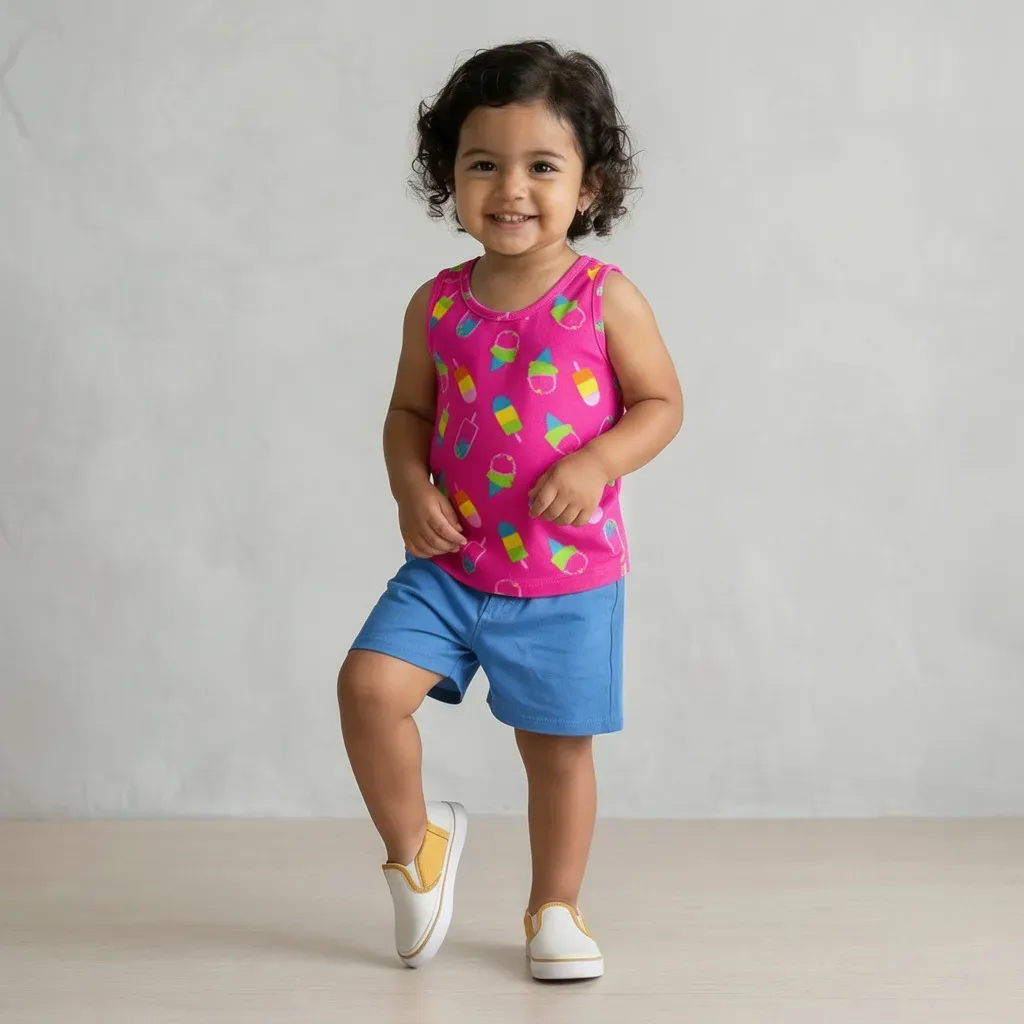 Cotton summer Set for Boys & Girls Ice Cream Vibes Fuchsia with blue shorts