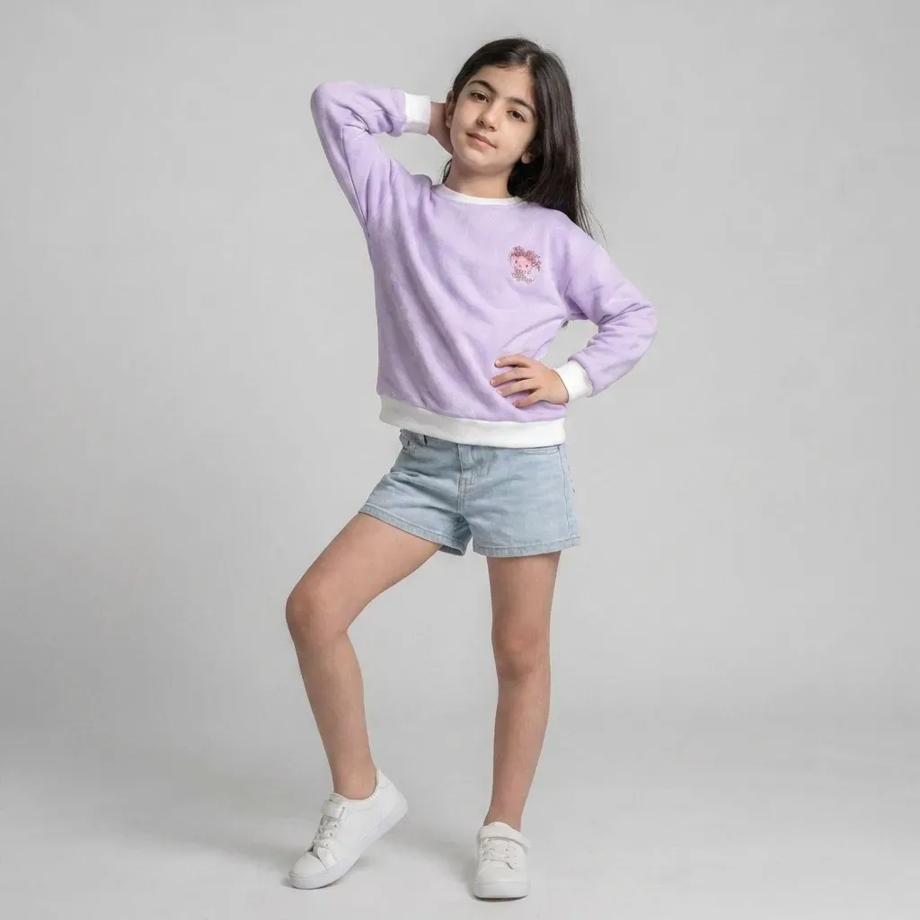 Girls' fleece-lined purple double-print winter top