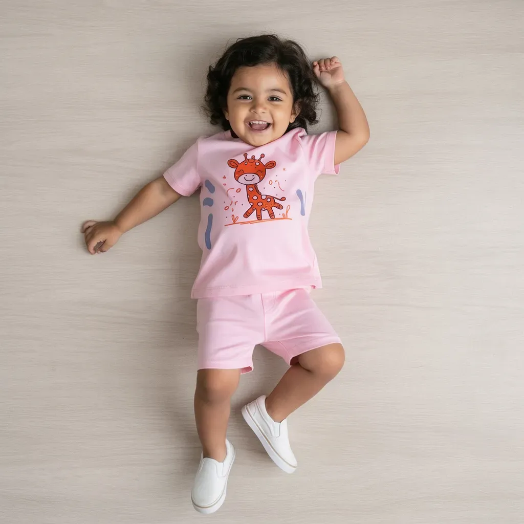 Kids summer cotton pajamas –Giraffe Design pink