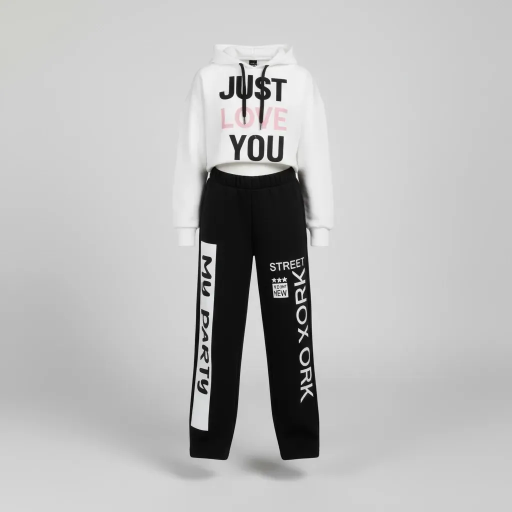 Girls' Trendy Winter Outfit Printed Crop Hoodie with Wide Leg Pants