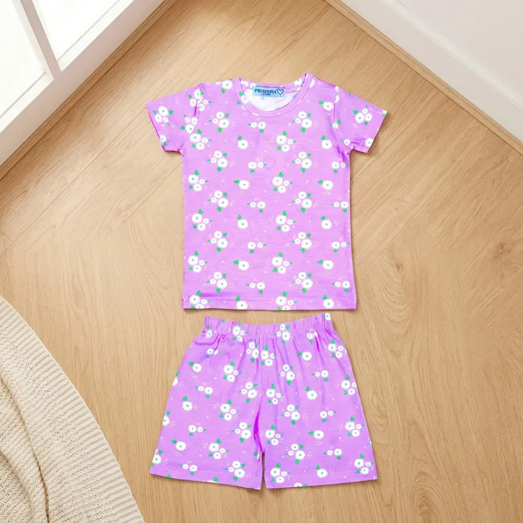 Summer cotton pajama set for girls – T-shirt & shorts with floral design Lavender & Mint green