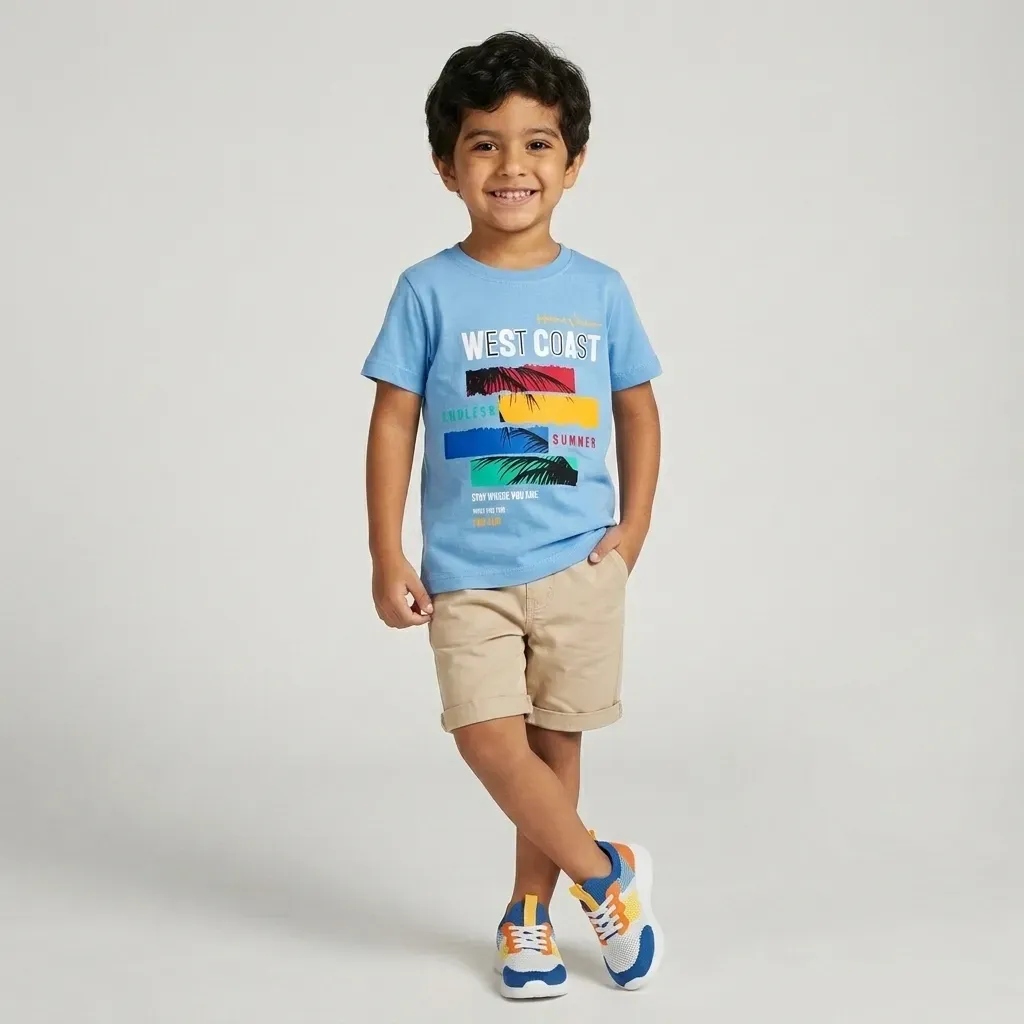 Boys’ summer cotton T-Shirt – West Coast Yellow – Sky blue