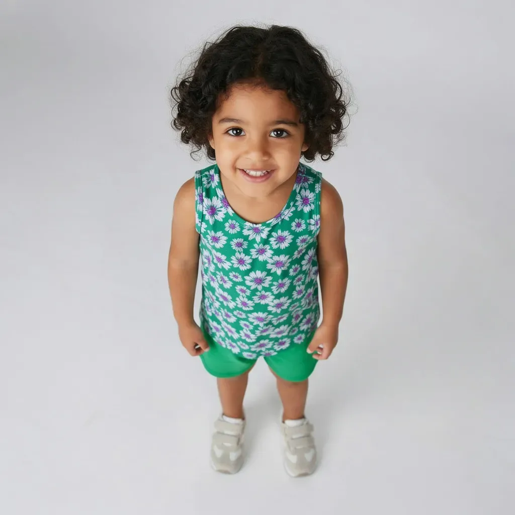 Cotton summer kids pajamas Sleeveless T-Shirt or Boys & Girls Green with flower design