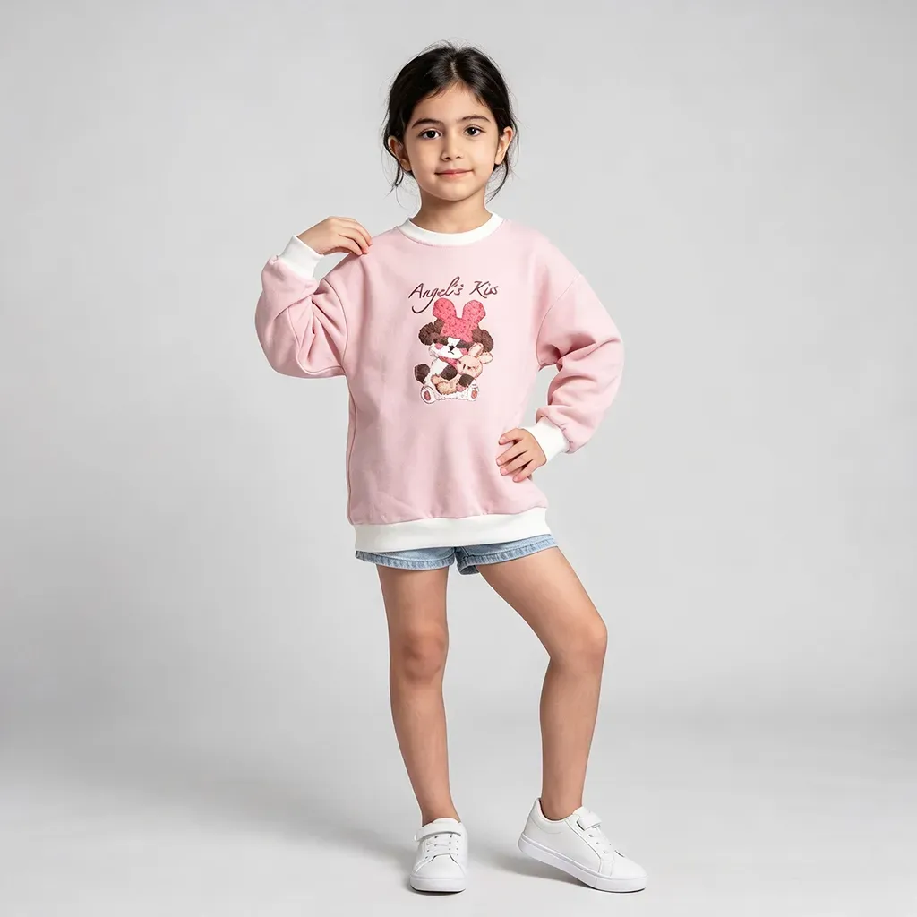 Girls' heavy fleece-lined winter pink sweatshirt
