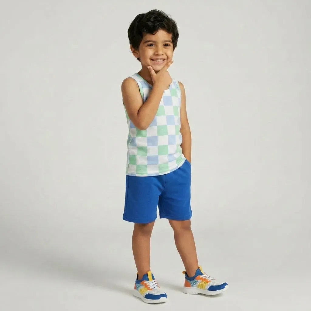 Kids summer cotton pajama set Green & Sky-Blue checkered Design