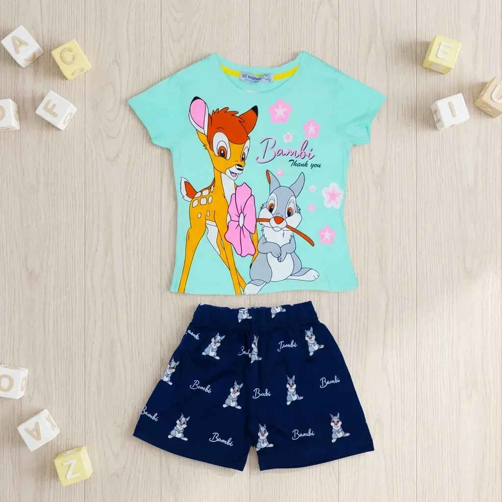 Girls’ summer cotton pajama set Turquoise T-Shirt & Navy Shorts (Bambi the Deer)