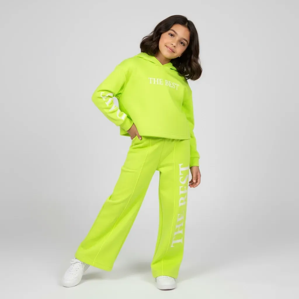 Girls' Two-Piece Winter Outfit Crop Hoodie And Wide-Leg Pants