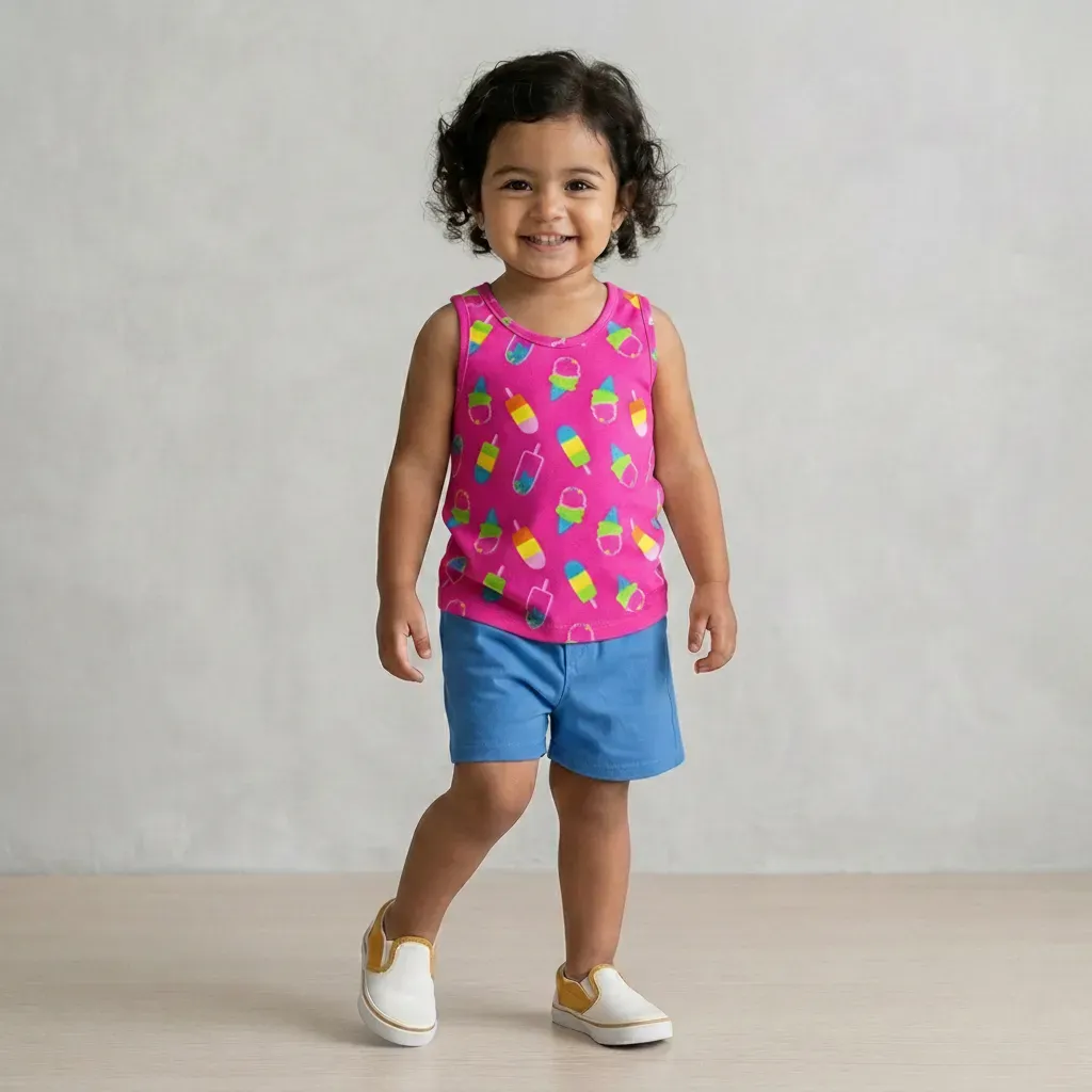 Cotton summer Set for Boys & Girls Ice Cream Vibes Fuchsia with blue shorts
