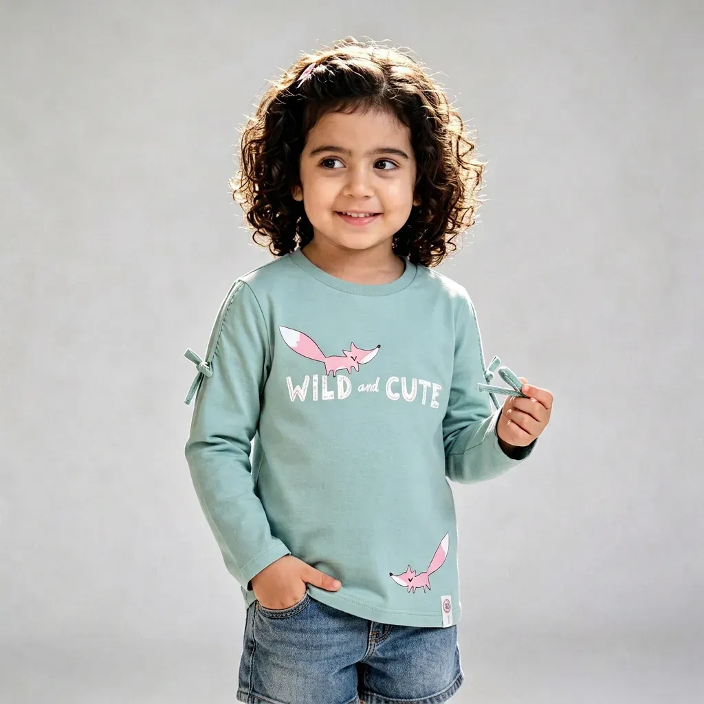 Girls' mint long-sleeve cute fox graphic t-shirt