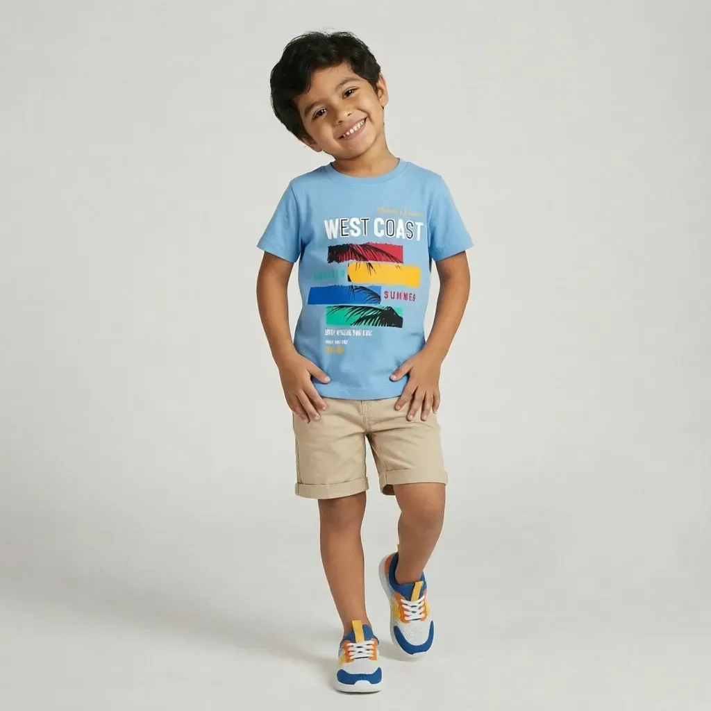 Boys’ summer cotton T-Shirt – West Coast Yellow – Sky blue