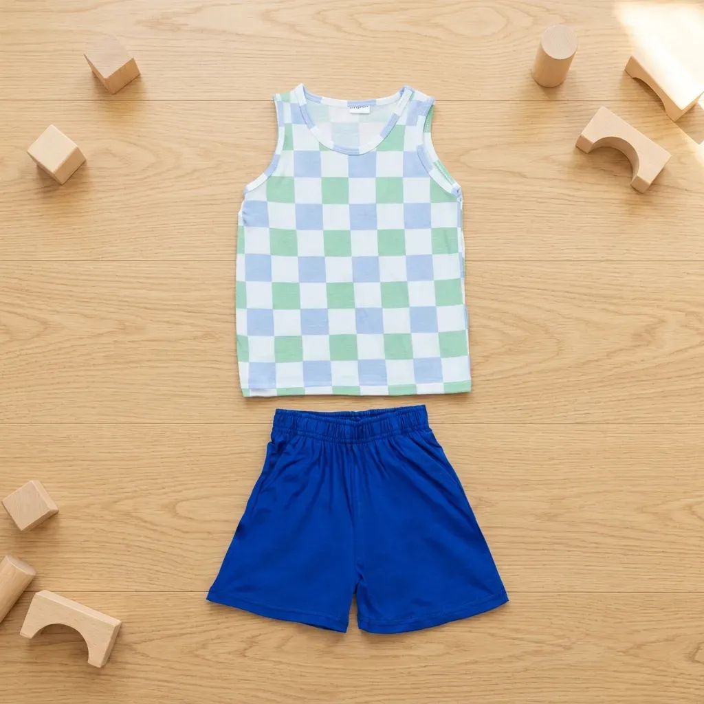 Kids summer cotton pajama set Green & Sky-Blue checkered Design