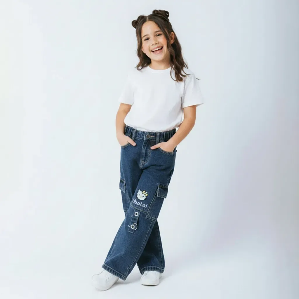 Girls’ Blue Cargo Jeans with Side Pockets Hello Kitty design