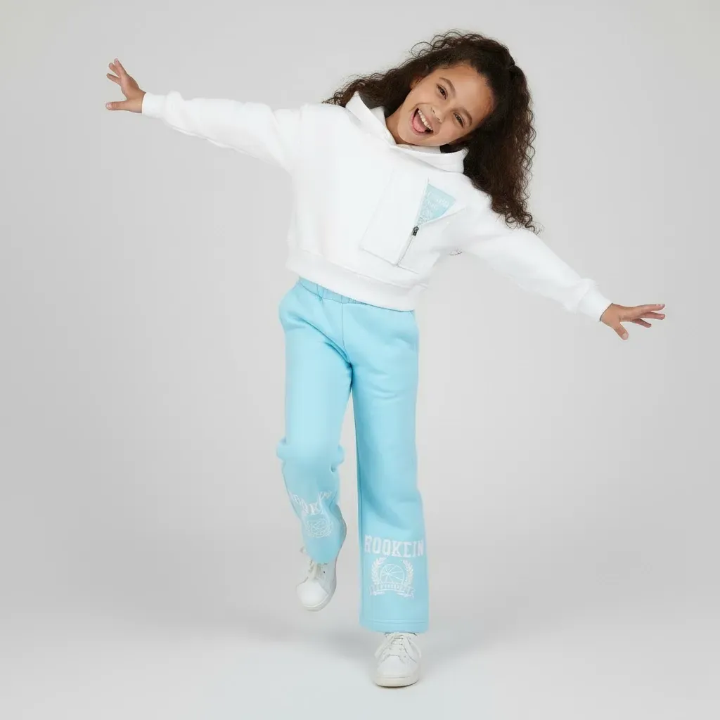 Girls' Winter Casual Set  White Front-Pocket Hoodie & WideLeg Pants