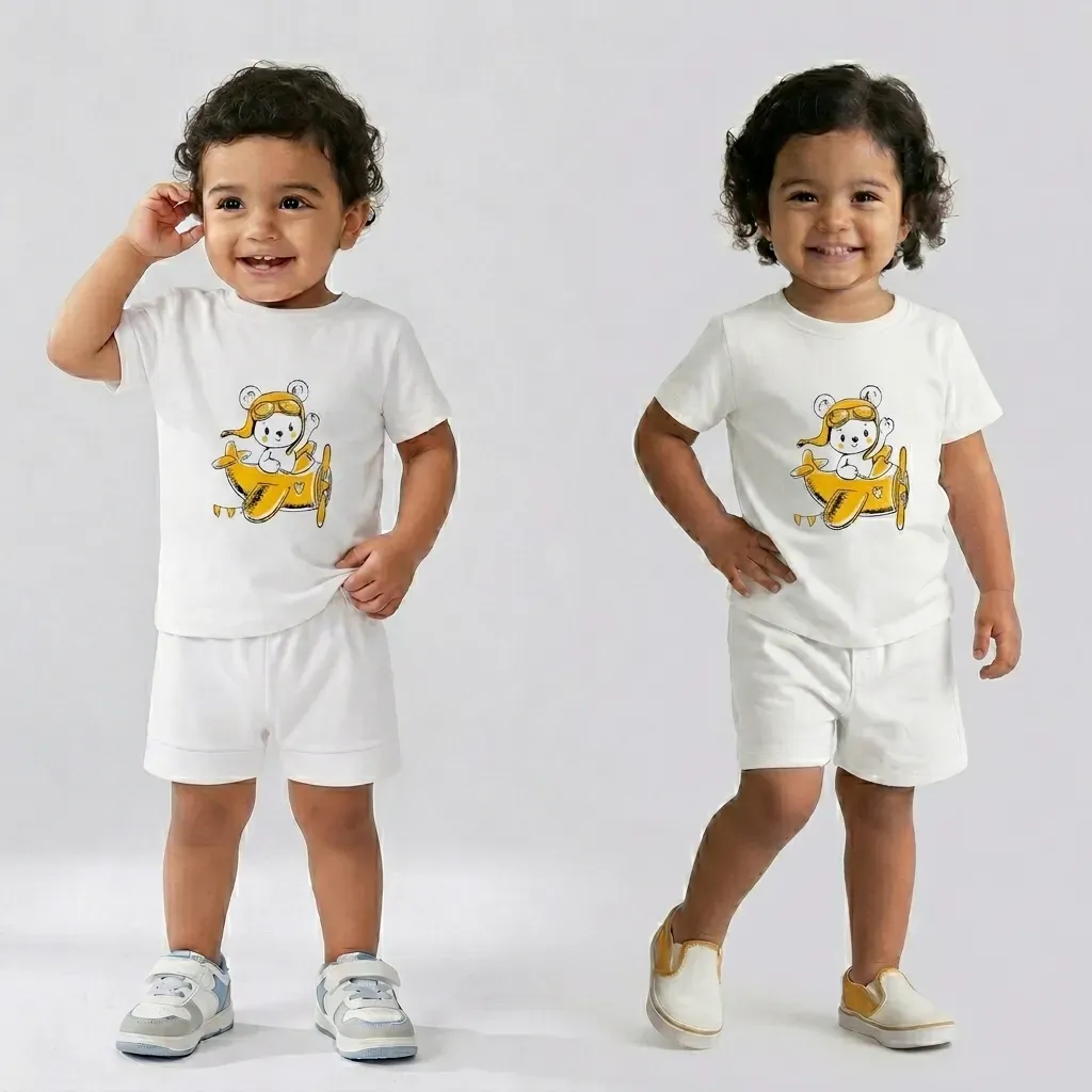 Infant summer cotton Pajama Set – Bear Design for (Boys & Girls) white