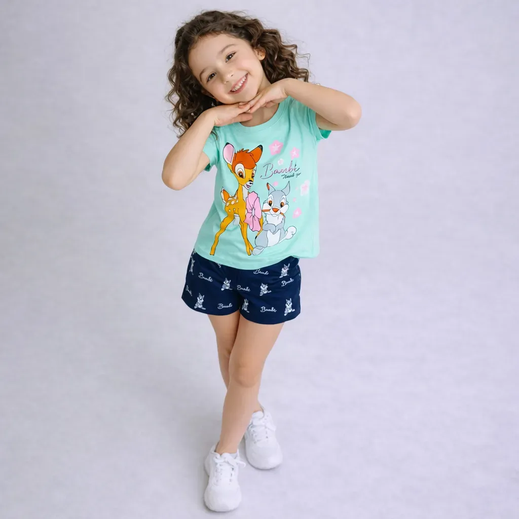 Girls’ summer cotton pajama set Turquoise T-Shirt & Navy Shorts (Bambi the Deer)