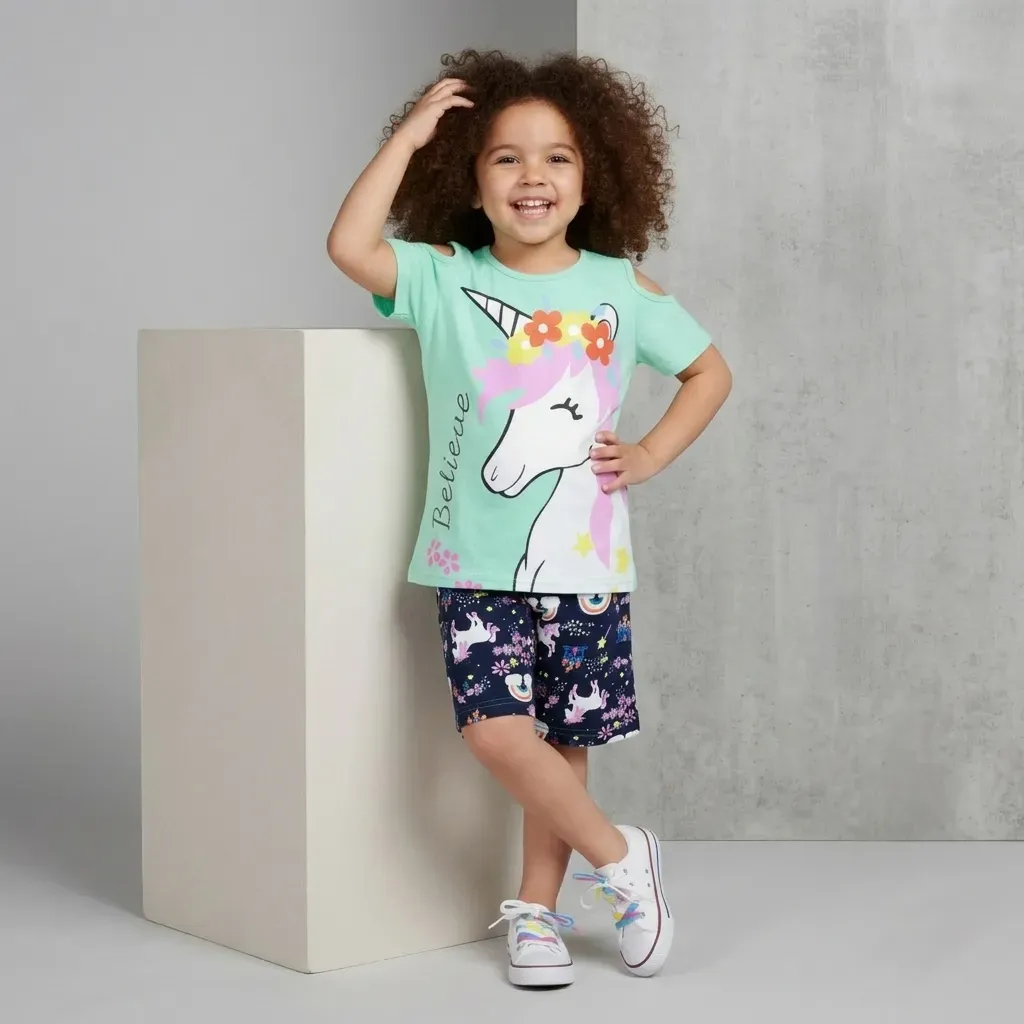 Girls Unicorn cotton summer pajama set – Pink & Mint Green