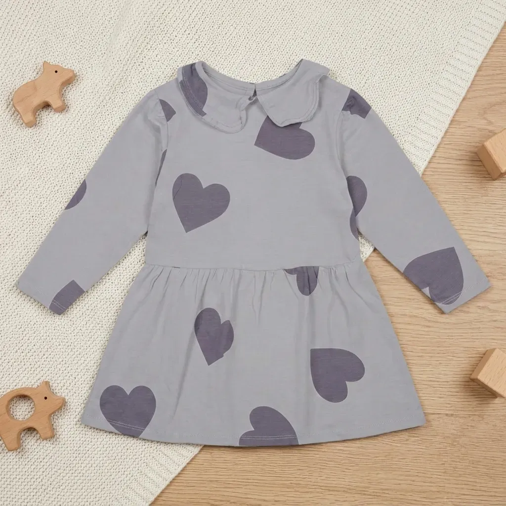 Long Sleeve Grey Dress with Hearts -  Imported