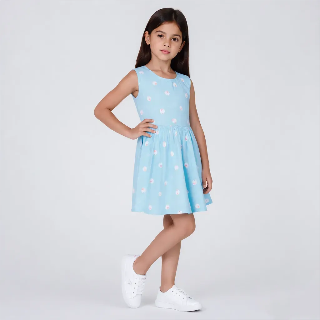 Sleeveless Light Blue Summer Printed Dress - Imported