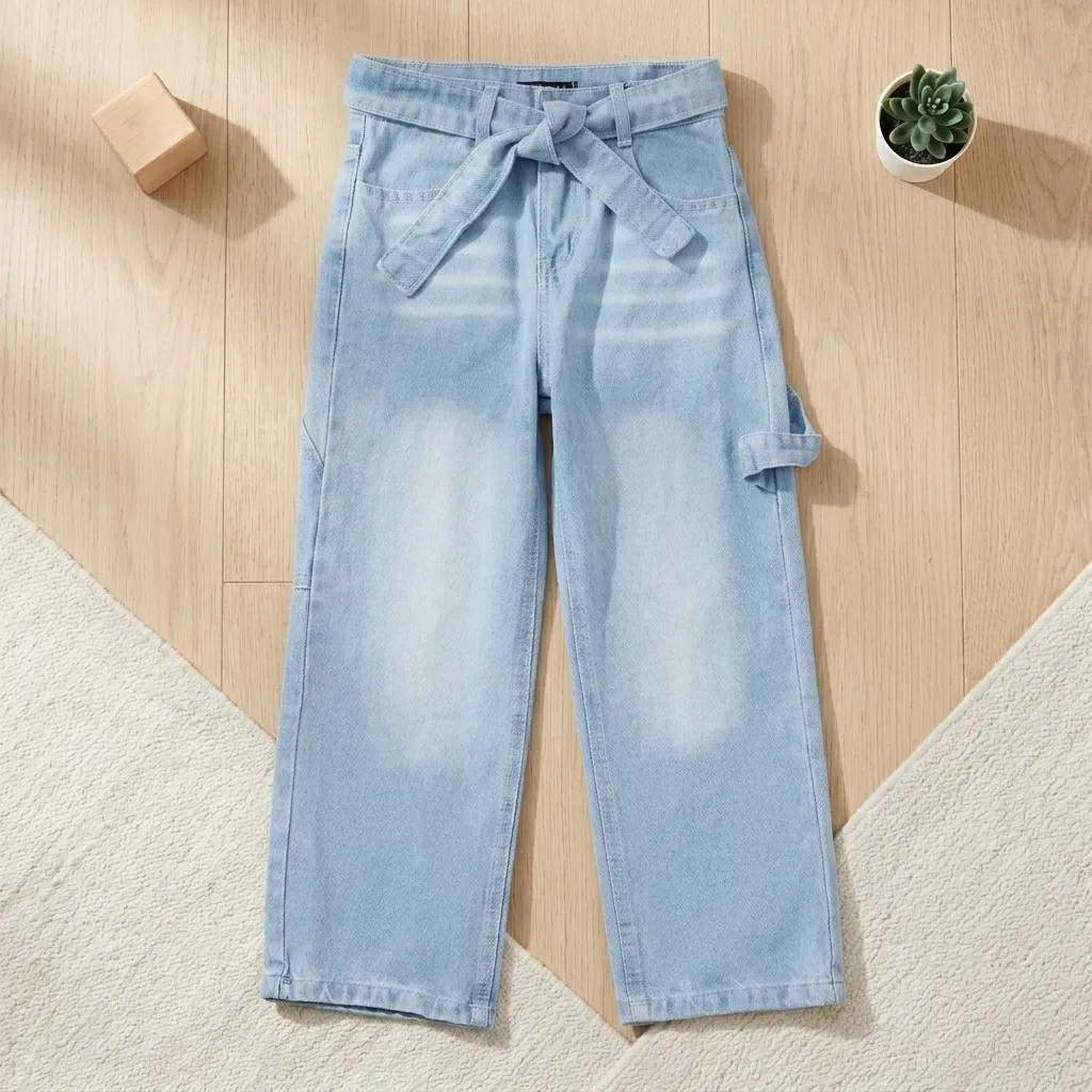 Tween Girls Light Blue Wide-Leg Denim Jeans with Waist Belt