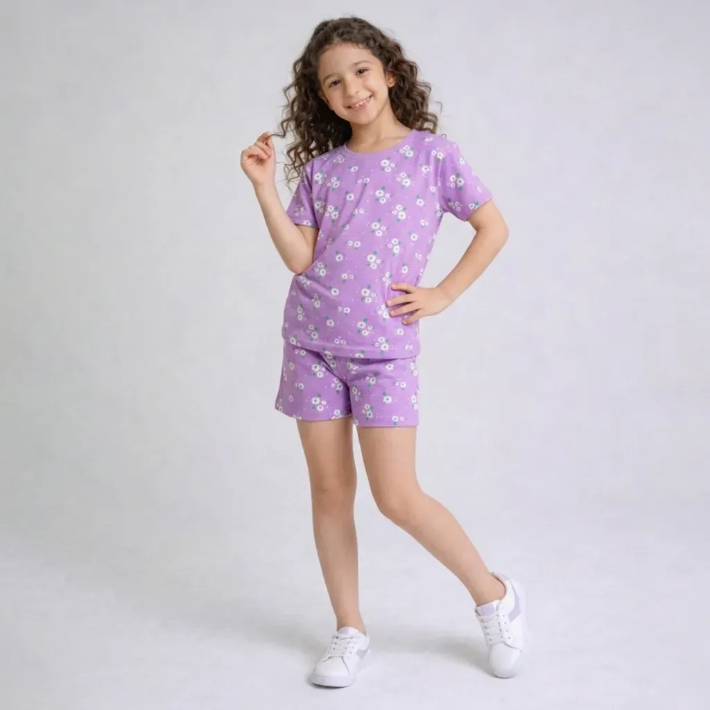Summer cotton pajama set for girls – T-shirt & shorts with floral design Lavender & Mint green