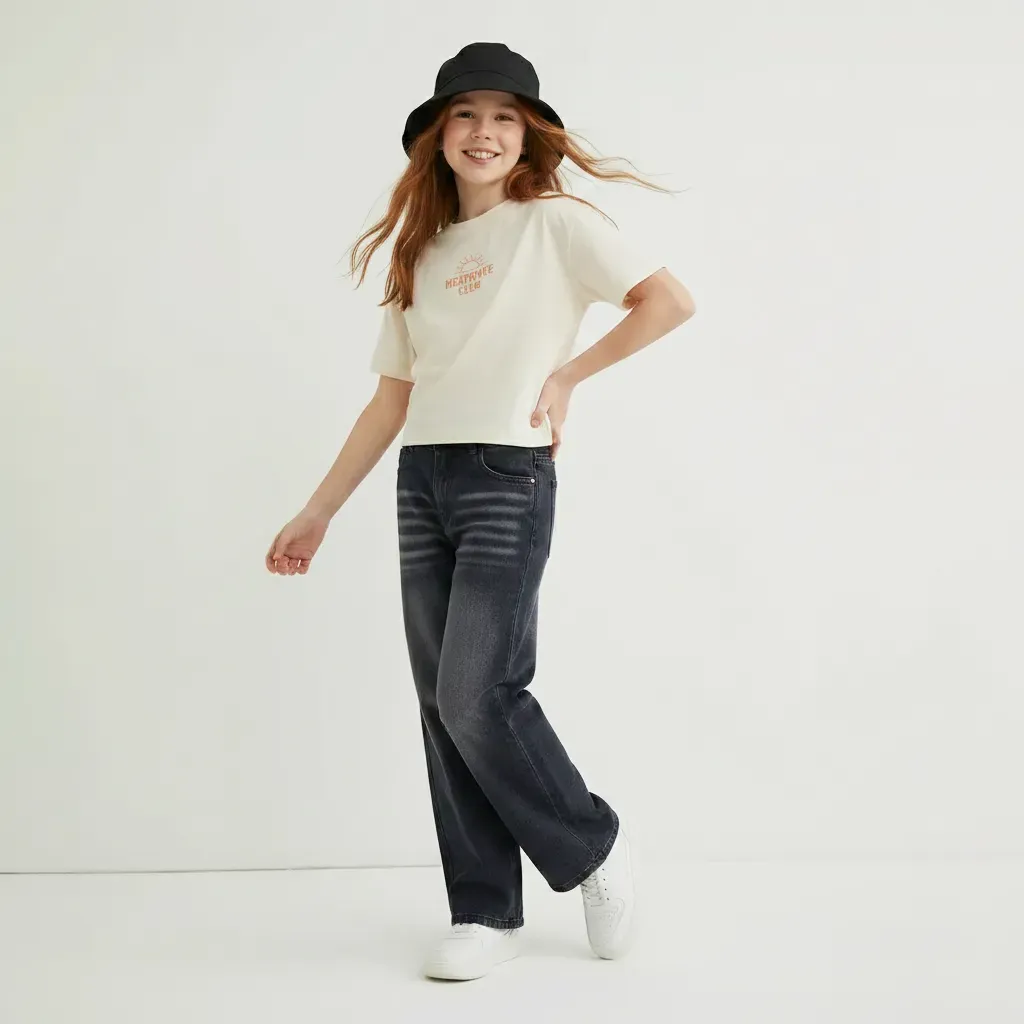 Girls’ Gray Wide-Leg Jeans Relax Fit Pants