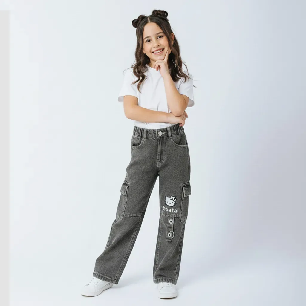 Girls’ Grey Cargo Jeans with Side Pockets Hello Kitty design