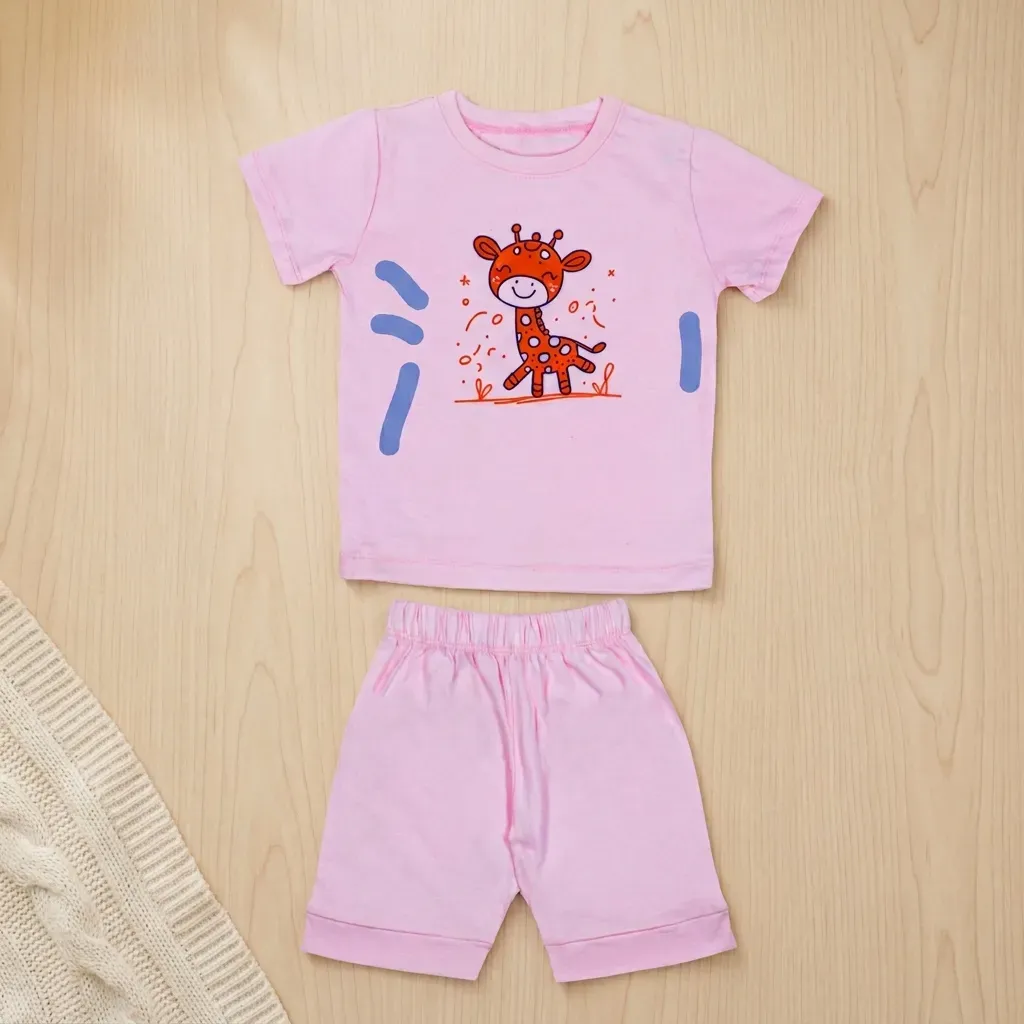 Kids summer cotton pajamas –Giraffe Design pink