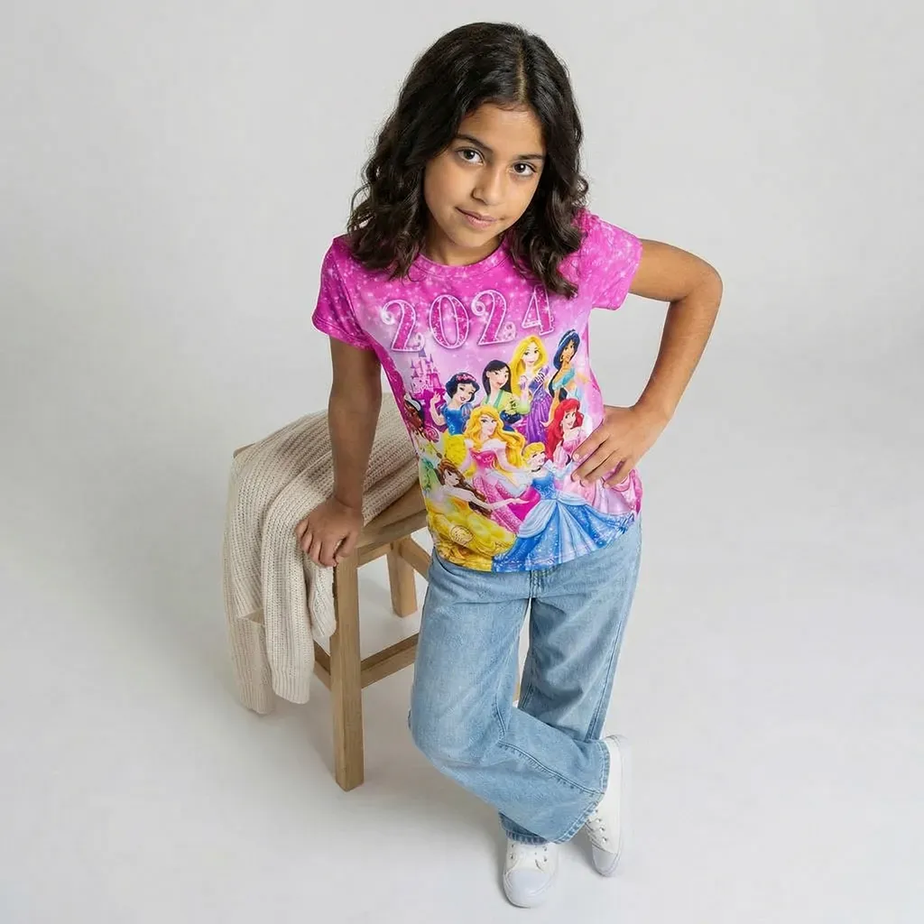 Girls summer T-Shirt with All-Over Disney Print Pink