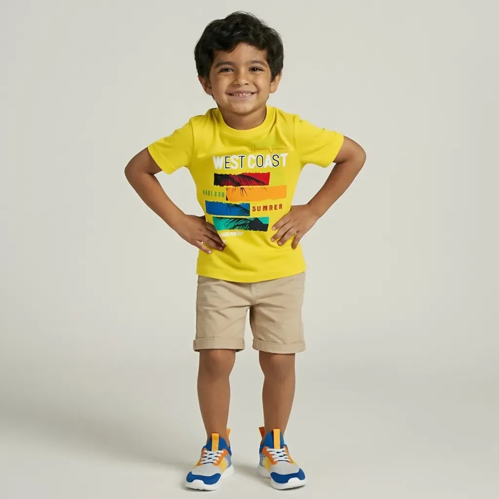 Boys’ summer cotton T-Shirt – West Coast Yellow – Sky blue