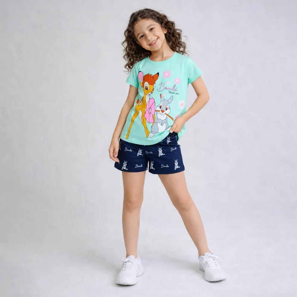 Girls’ summer cotton pajama set Turquoise T-Shirt & Navy Shorts (Bambi the Deer)