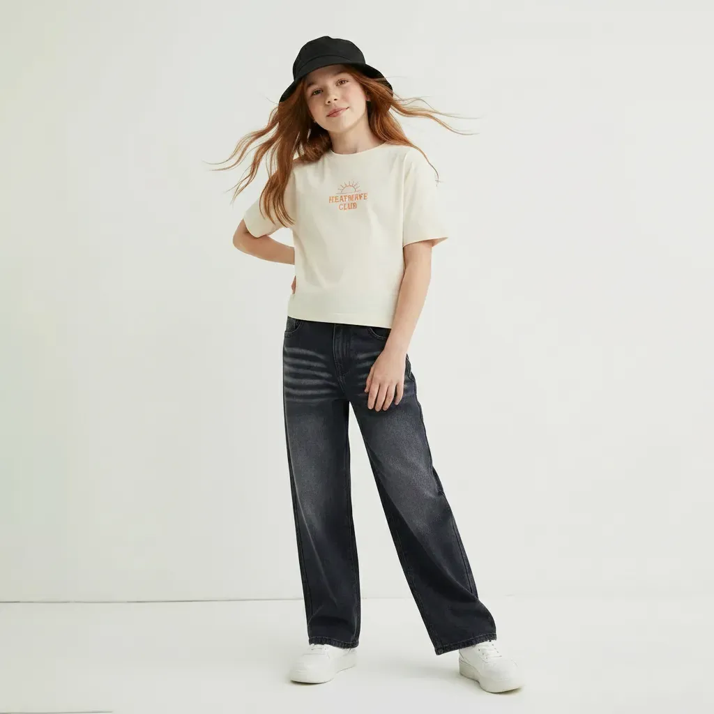Girls’ Gray Wide-Leg Jeans Relax Fit Pants