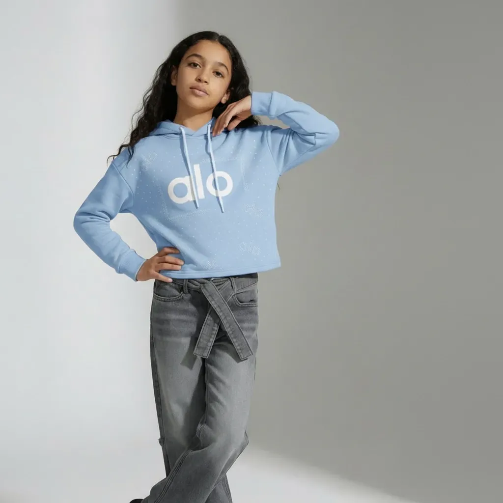 Girls' Fleece-Lined Cropped Winter Hoodie With Crystal Glitter