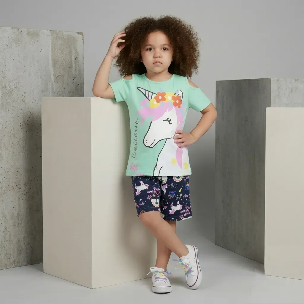 Girls Unicorn cotton summer pajama set – Pink & Mint Green