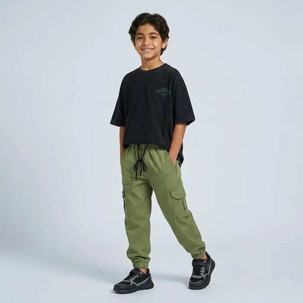 Boys Gabardine Jogger Pants with Baggy Fit and Cargo Pockets