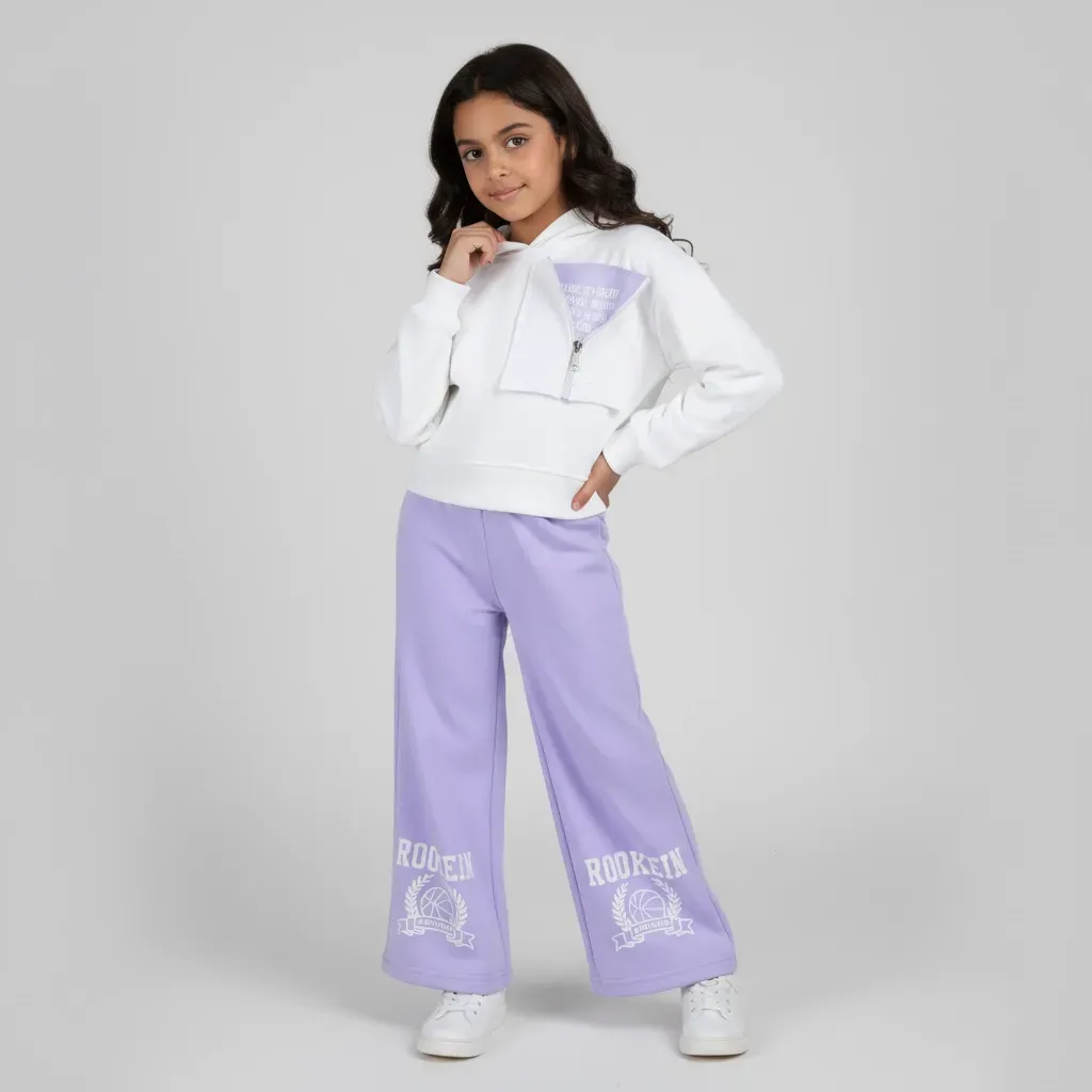 Girls' Winter Casual Set  White Front-Pocket Hoodie & WideLeg Pants
