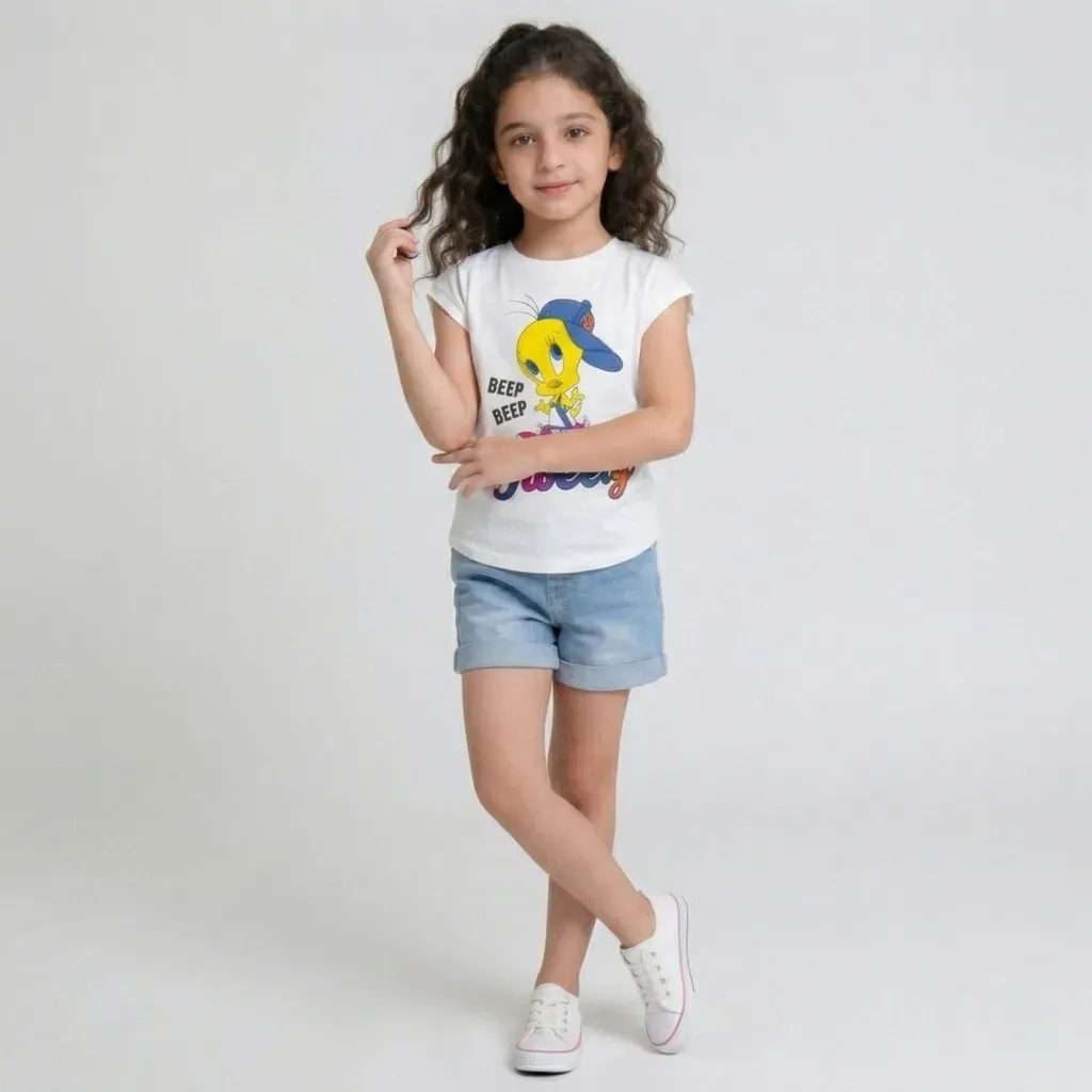 Girls cotton  Tweety oval cut T-Shirt – White