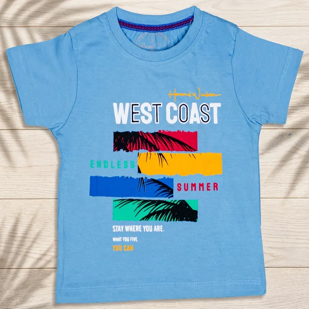 Boys’ summer cotton T-Shirt – West Coast Yellow – Sky blue