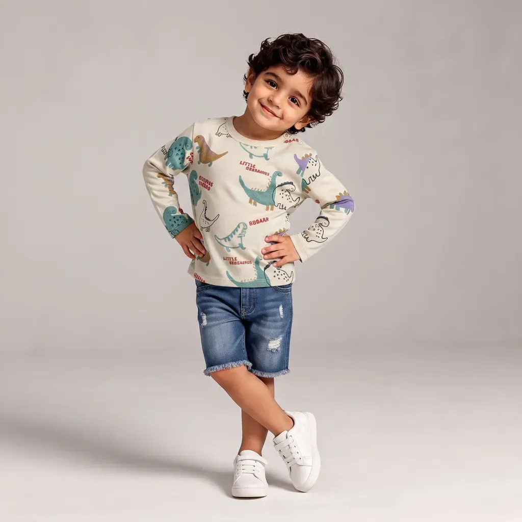 Baby boys' dinosaur patterned winter t-shirt Beige