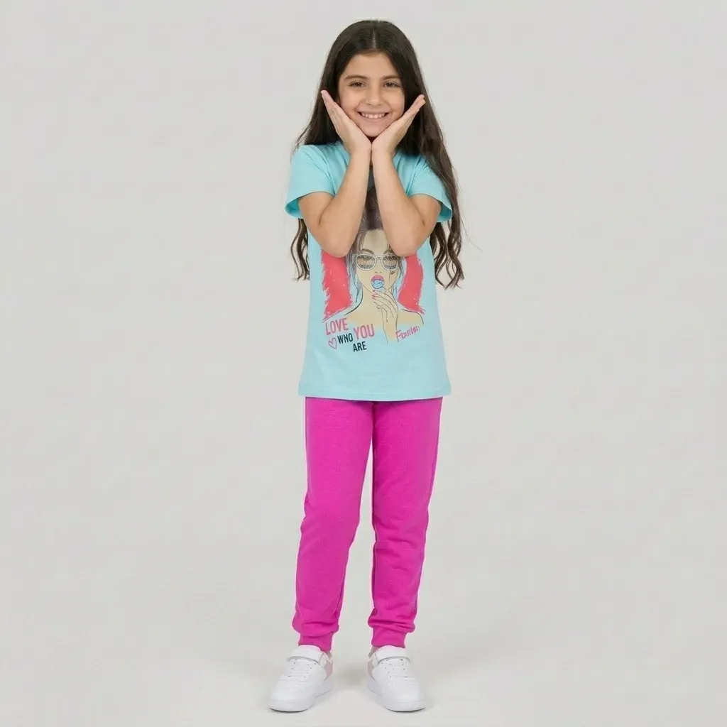 Summer Girls cotton pajama  t shirt baby blue pants pink